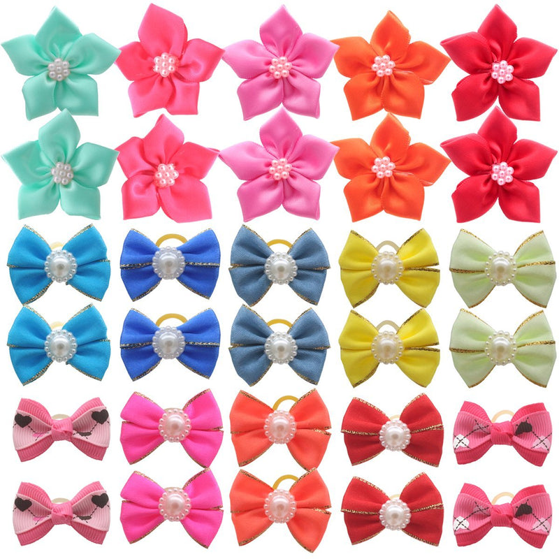 HOLLIHI 30pcs / 15 Pairs Adorable Grosgrain Ribbon Pet Dog Hair Bows with Rubber Bands - Puppy Topknot Cat Kitty Doggy Grooming Hair Accessories Bow knots Headdress Flowers Set for Groomer - PawsPlanet Australia