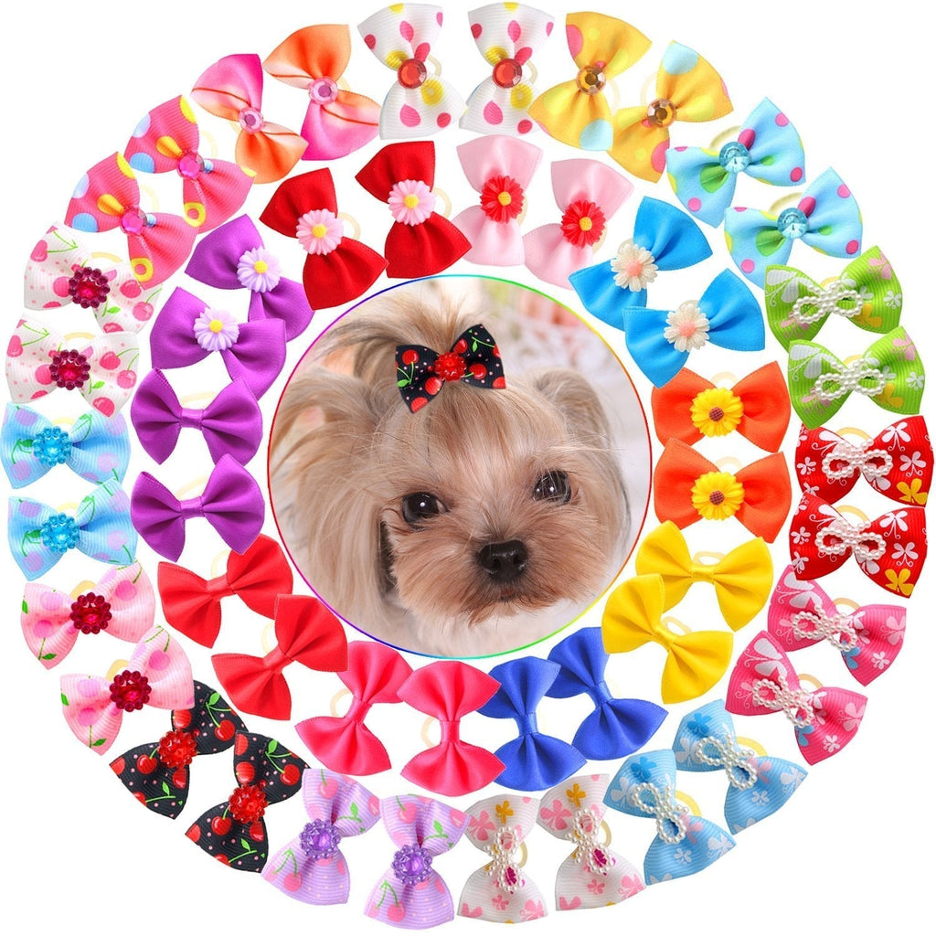 HOLLIHI 50pcs / 25 Pairs Adorable Grosgrain Ribbon Pet Dog Hair Bows with Rubber Bands - Puppy Topknot Cat Kitty Doggy Grooming Hair Accessories Bow knots Headdress Flowers Set for Groomer - PawsPlanet Australia