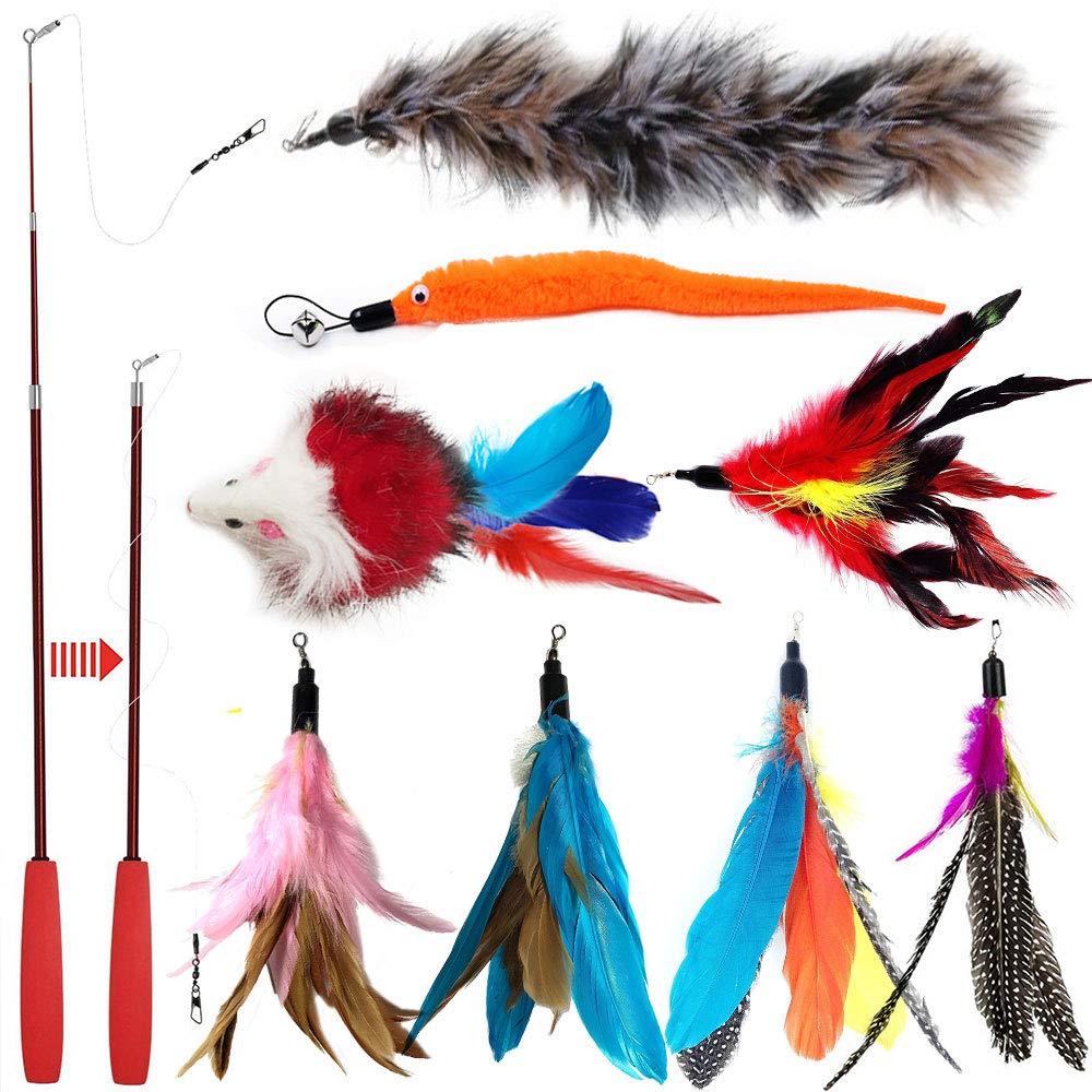 onebarleycorn - Cat Feather Toy, Cat Toy Wand, Retractable Interactive Cat Teaser Wand Toy Se (1 Wands & 8 Refills Feathers) - PawsPlanet Australia
