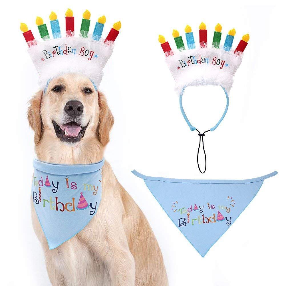 EXPAWLORER Dog Birthday Bandana with Birthday Candle Headband - Pet Birthday Gift Decorations Set, Soft Scarf & Adorable Hat for Party Accessory - PawsPlanet Australia