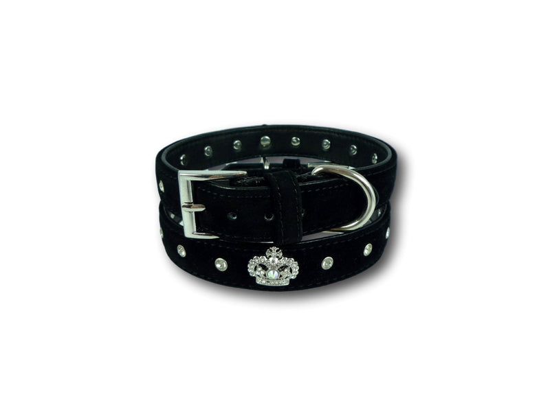 Cara Mia Dogwear Diamante Crown/Bone and Studs Velvet Dog Collar (Large, Black Crown) Large - PawsPlanet Australia