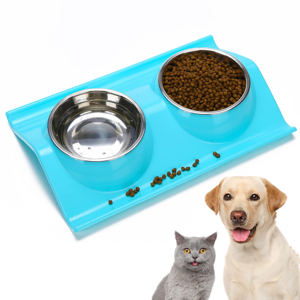 Vealind Double Dog Bowl Non-spill & Non-skid Raised Cat Bowl Feeder with Two Stainless Steel Bowls (Blue) Blue - PawsPlanet Australia