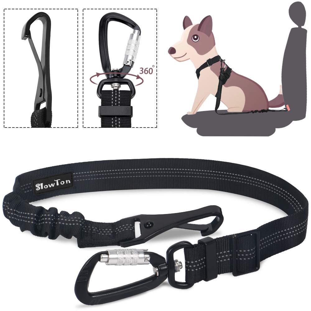 SlowTon Dog Seatbelt, Pet Car Seat Belt Latch Bar Attachment Lockable Swivel Carabiner for Small Medium Large Dogs Adjustable Elastic Bungee Safety Belt with Reflective Stitching Connect Harness Black - PawsPlanet Australia