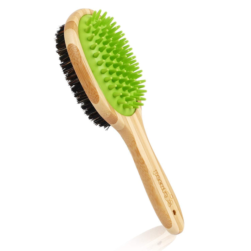 pecute Double Sided Pet Massage Bath Brush - 2 in 1 Silicone Needle and Natural Bristle Bamboo Comb - Removes Loose Fur & Dirt - Great for Cats Dogs Short to Long Fur Massaging Bathing - PawsPlanet Australia