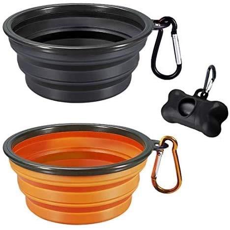 MOGOCO 2 Pack Portable Collapsible Dog Bowl,Foldable Travel Bowl Dish for Small Pet Dog Cat Food Water Feeding,Including Black Dog Poop Bag Holder Dispenser (Small,Black and Orange) 3 Count (Pack of 1) - PawsPlanet Australia