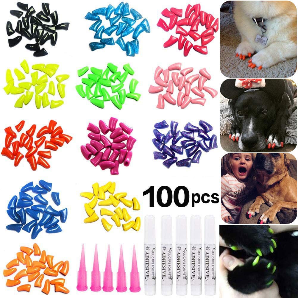 JOYJULY 100pcs Pet Puppy Dog Nail Soft Claw Paws Covers Caps, Control Paws Claws Covers of 5 RANDOM+ 5 Adhesive Glue,S S (110 Count) - PawsPlanet Australia