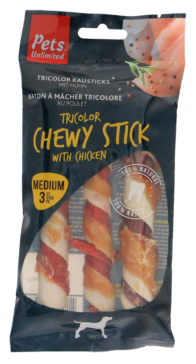 Pets Unlimited Tricolor Chewy Sticks with Chicken Medium, 3pc transparent M (Pack of 3) - PawsPlanet Australia