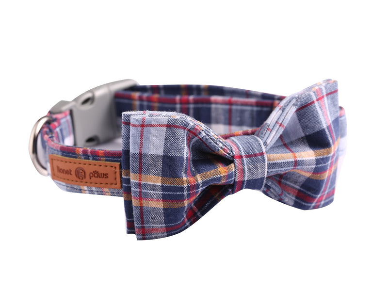 Lionet Paws Cat and Dog Collar with Bowtie,DarkBlue Plaid Cotton Collar with Plastic Buckle,Adjustable Collars for X-Small Dogs and Cats,Neck 8-12in XS (Pack of 1) DarkBlue - PawsPlanet Australia