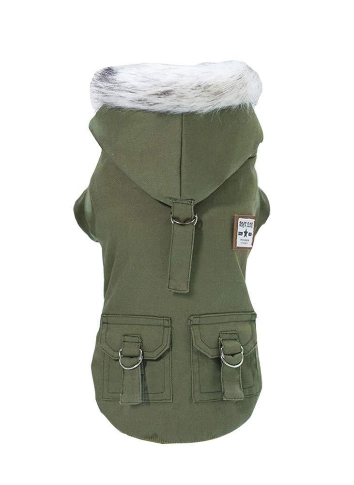 Izefia Dog Coat Hoodies Work Clothes Thickened Dog Overall Dog Military Uniform Army Hoodie Sweater Cotton Jacket for Small Dog Medium Dog Cat (Green,L) L Green - PawsPlanet Australia