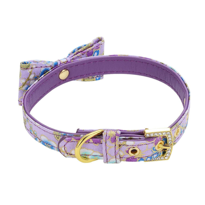 LOVPE Gold Flash Diamond Buckle Pet Canvas Floral Pattern Printed Padded Adjustable Puppy/Kitten Artistic Collar Handmade Elegant Bow Tie for Small Dogs/Cats (XS (Neck for 8-11 inch), Purple) XS (Neck for 8-11 inch) - PawsPlanet Australia