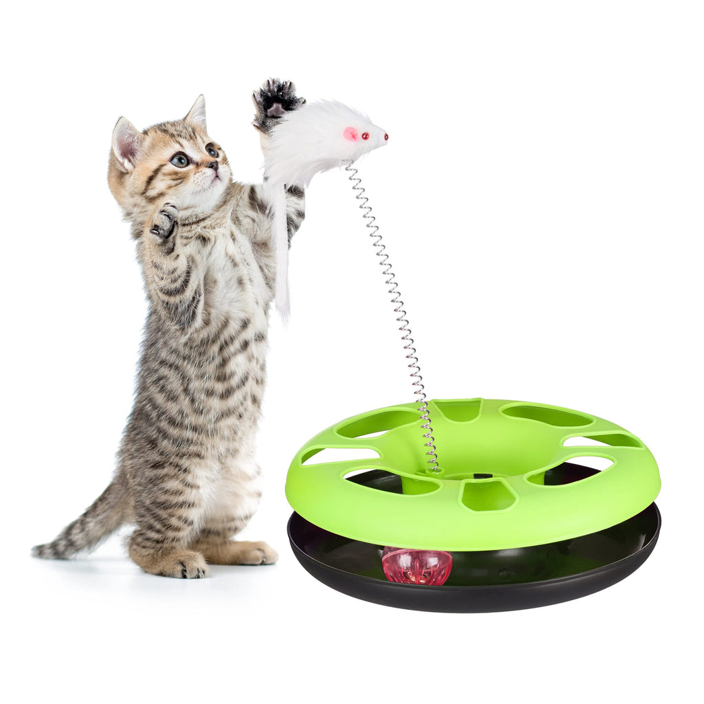 Relaxdays Green Cat Toy Carousel with Mouse, Interactive Toy, Ball with Bell, Pet Training and Entertainment - PawsPlanet Australia