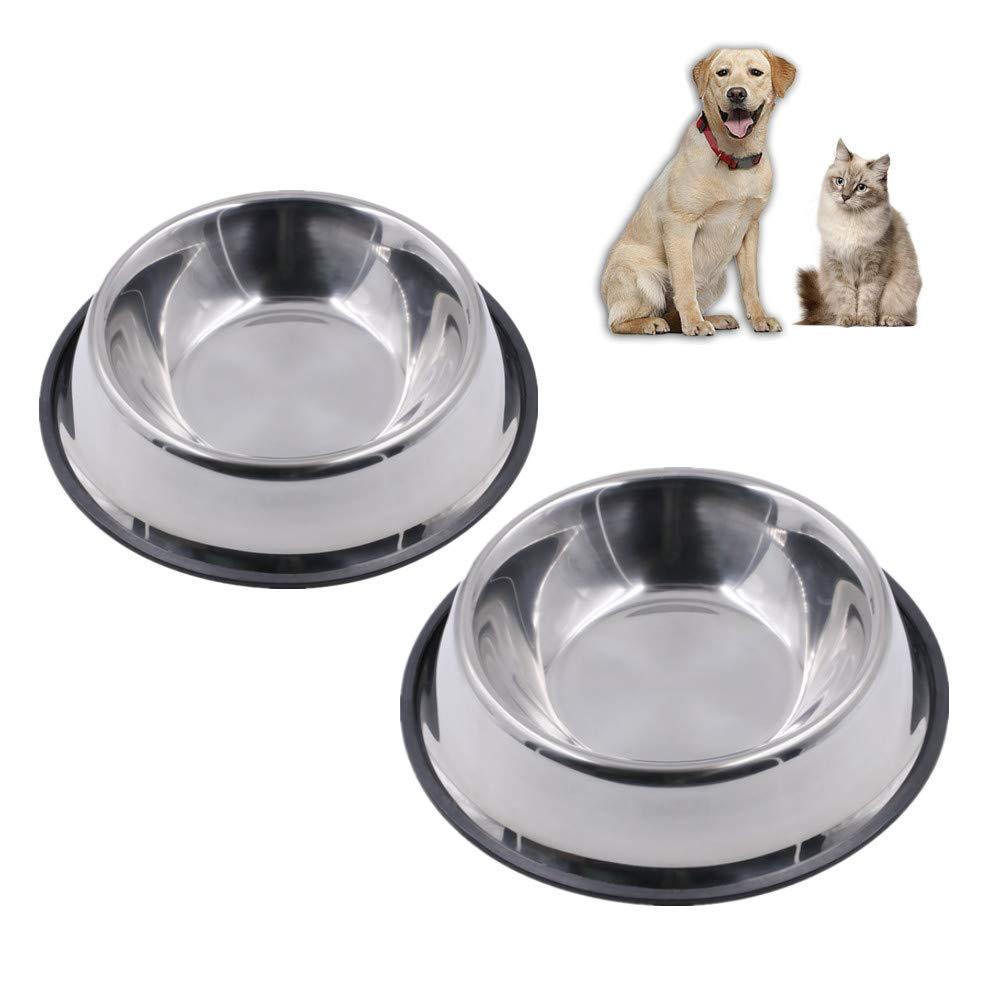 Kuiji 2 Pack Non-slip Pets Food & Water Bowl for Dog & Cat Stainless Steel Feeding Dish with Rubber Base (M, Silver) M - PawsPlanet Australia