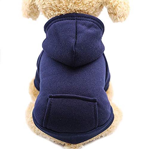 Idepet Dog Cat Hoodie Pet Warm Autumn Winter Coat Solid Color Cotton Dog Clothes with Pocket Outdoor Pullover Dog Jumpsuit for Small Dogs Puppy Teddy Poodle Chihuahua XS Blue - PawsPlanet Australia