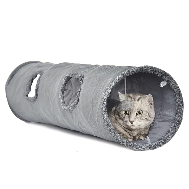 LeerKing Cat Play Tunnel Tube Long Collapsible Pet Kitten Indoor Tunnel Toy Fun with 2 Hole for Rabbits, Kittens, 12×51 inches, Gray L (12" × 51") Grey - PawsPlanet Australia