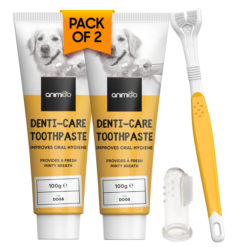 4-in-1 Denti Care Kit - 2X Dog Toothpaste (100g) with Grapefruit & VIT E, Triple Head Dog Toothbrush & Dog Finger Toothbrush - Dog Toothbrush and Toothpaste Kit for Whiter Teeth - Peppermint Flavour - PawsPlanet Australia