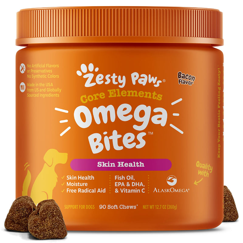 Zesty Paws, Omega Bites for Dogs, Skin & Coat, All Ages, Bacon Flavour, 90 Soft Chews - PawsPlanet Australia