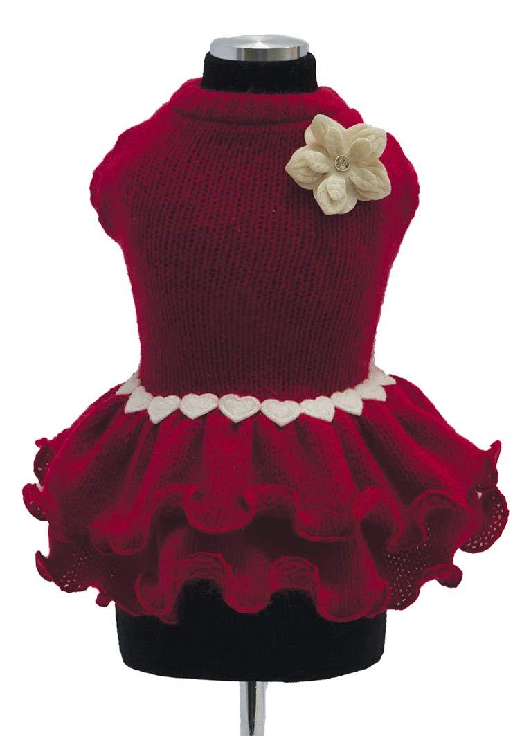 Trilly tutti Brilli Lalie Wool Dress with Flower Brooch and Swarovski Rivet, 2X-Small, Red - PawsPlanet Australia