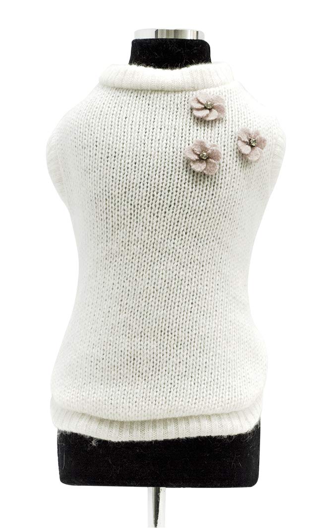 Trilly tutti Brilli Cecile Wool Sweater with Felt and Crystal Flower Application, X-Large, White - PawsPlanet Australia