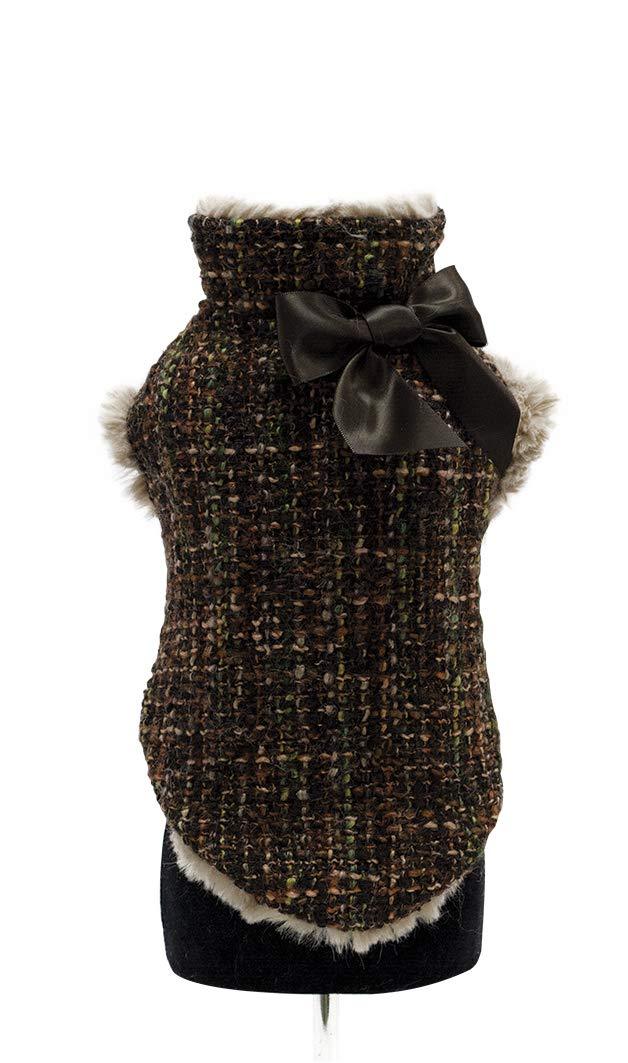 Trilly tutti Brilli Cyril Wool and Plush Coat with A Satin Ribbon Bow, Large, Brown - PawsPlanet Australia