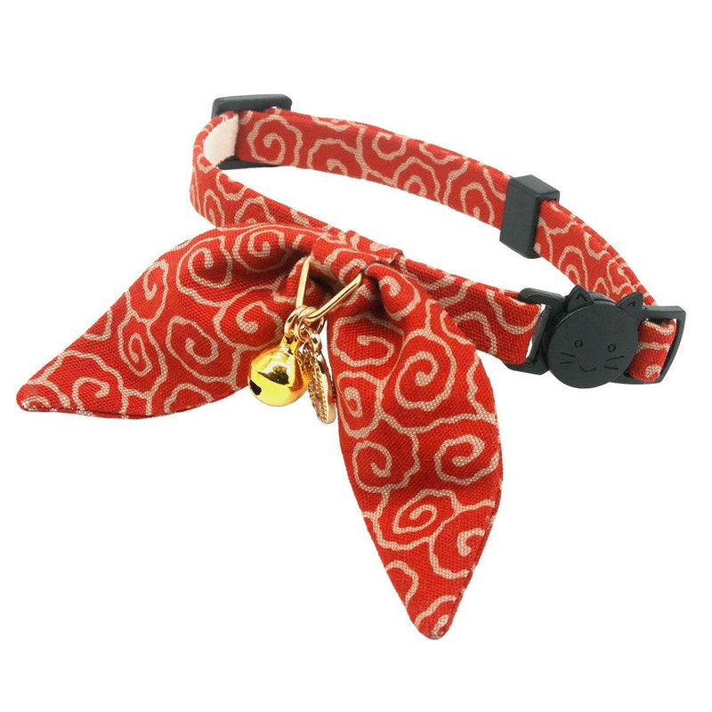 PetSoKoo Unique Bunny Ears Bowtie Cat Collar, Ancient Arabesque Print, Japan Traditional Lucky Charm. Safety Breakaway, Light Weight, Soft, Durable Standard (8-12inch,20-31cm) Red - PawsPlanet Australia