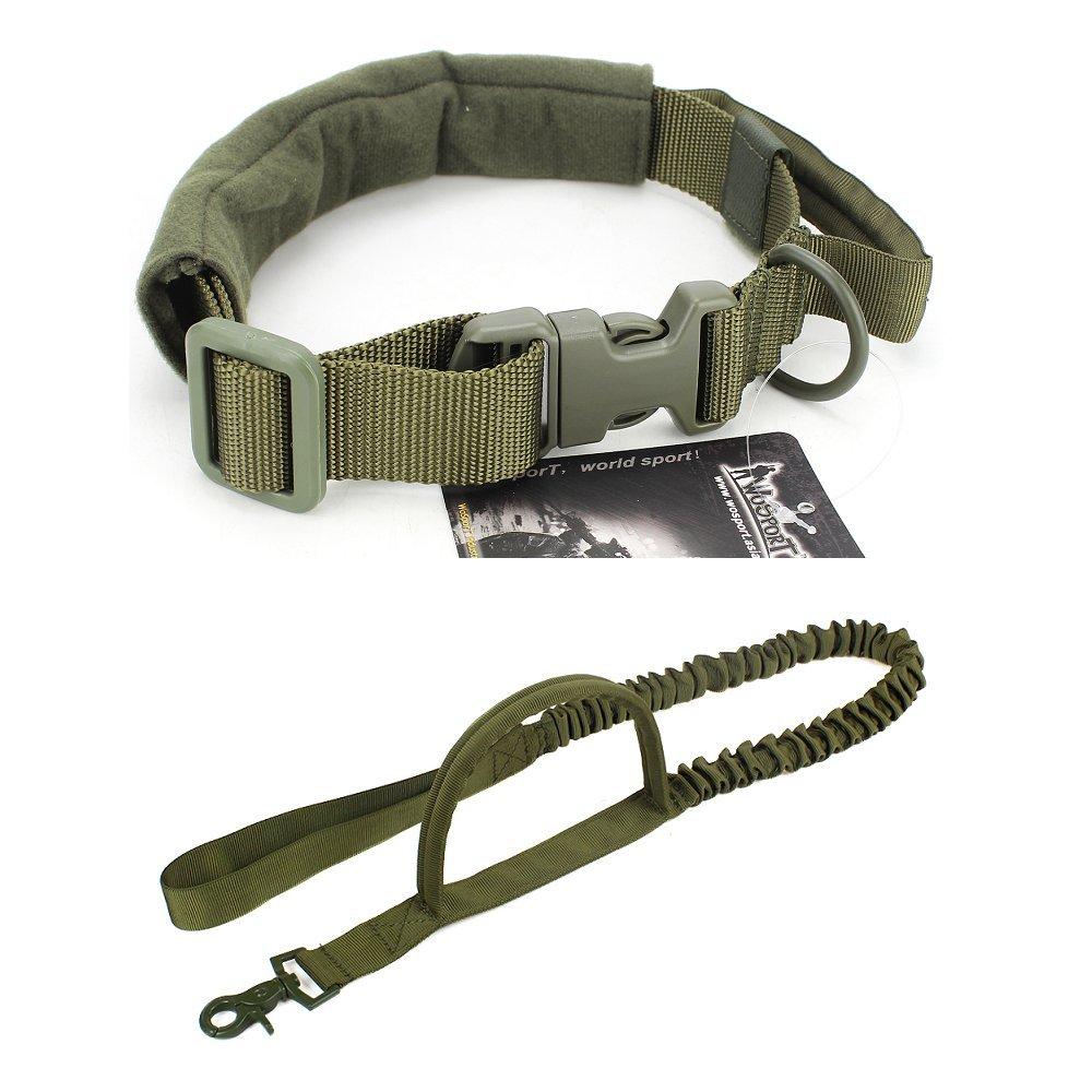 Tactical Adjustable Large Dog Collar and Bungee Leash Set Hunting Camo Dog Training Equipment with D Ring OD - PawsPlanet Australia