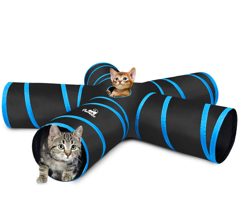 [Australia] - Pawaboo Cat Tunnel, Premium 5 Way Tunnels Extensible Collapsible Cat Play Tunnel Toy Maze Interactive Tube Toy Cat House with Pompon and Bells for Cat Puppy Kitten Rabbit, Black & Light Blue 