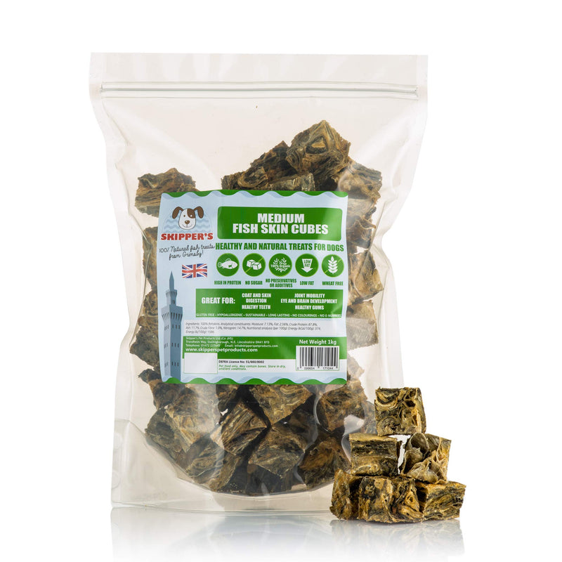 SKIPPER'S Dried Fish For Dogs - Whitefish Skin Jerky Cubes Dog Treats 100% Natural, Healthy, Grain Free & Low Fat - BULK VALUE (Cube Size Medium, 1kg Pack) 1 kg (Pack of 1) - PawsPlanet Australia