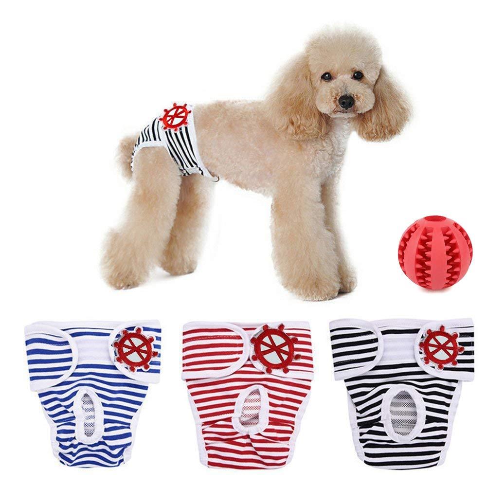 SHUIBIAN 3 Pack Dog Nappies Pet Diapers Adjustable Sanitary Underwear Hygienic Pants Short Cotton Reusable Washable Dog Physiological Pants with Dog Teeth Clean Elastic Ball L - PawsPlanet Australia