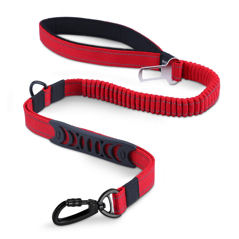 3-in-1 Strong Bungee Dog Lead, 3.6-4.9 FT No Pull Shock Absorbing Pet Long Leash with Car Seat Belt Safety Buckle, Elastic Dog Lead with Comfortable Padded Handle and Reflective Sewing (Red) Red - PawsPlanet Australia