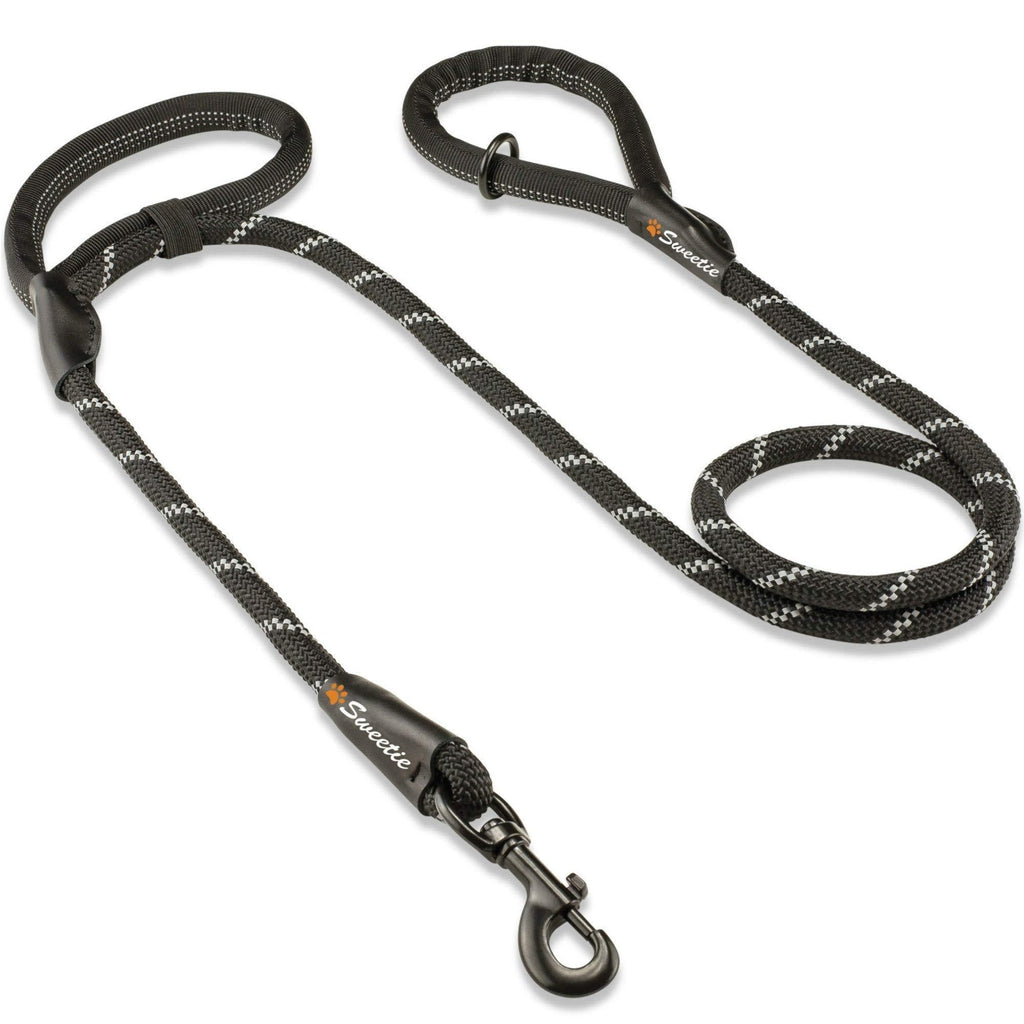 Sweetie Rope Dog Lead - Strong Leash Black with 2 Comfortable Padded Handles 5 FT for Medium & Large Size Pets - Reflective, Weather Resistant & O-Ring Dual Handle Black - PawsPlanet Australia