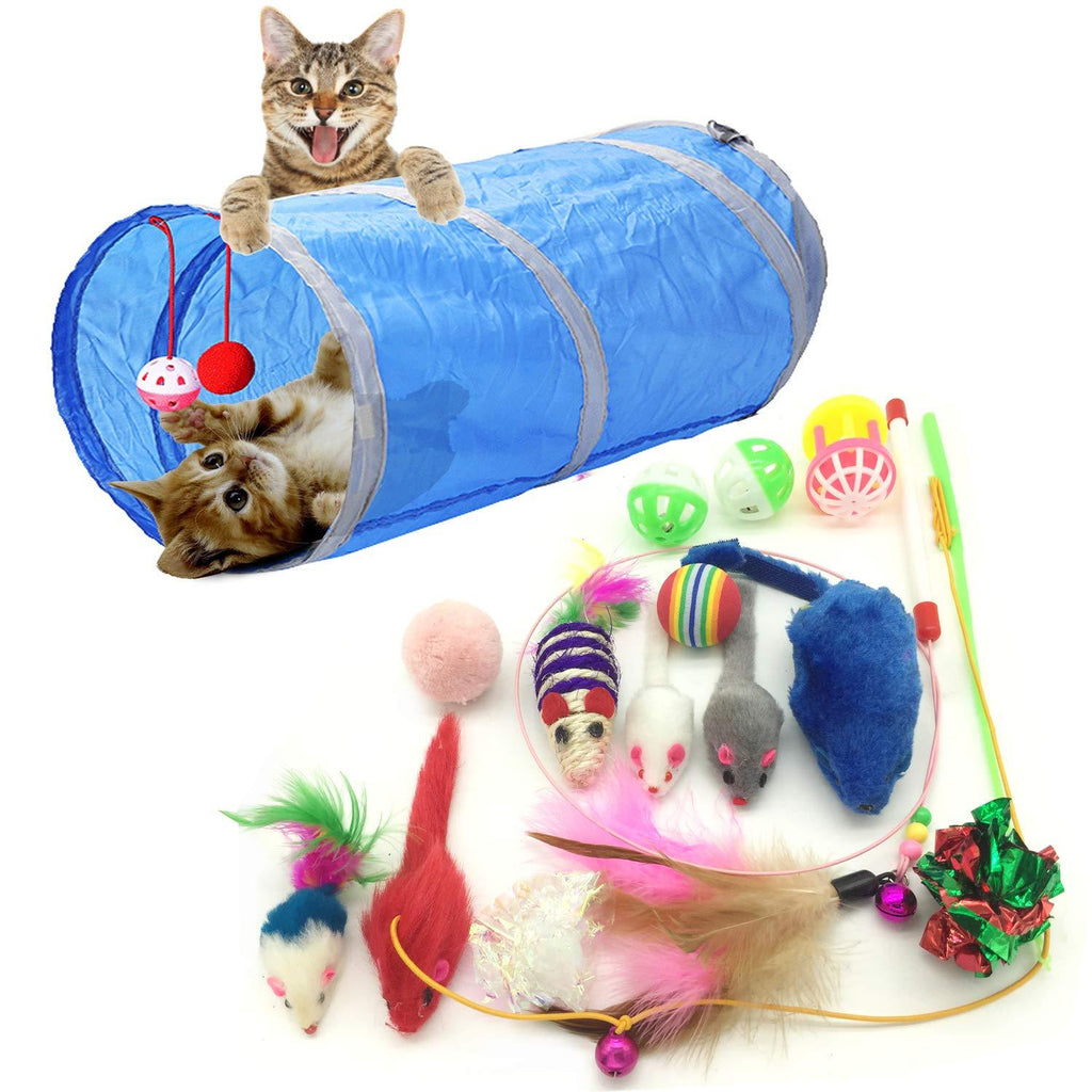 PietyPet Cat Toys Kitten Catnip Toys, Interactive Feather Teaser, Fluffy Mouse, Crinkle Rainbow Balls Bells Toys for Puppy Kitty, 2 Way Tunnel Tunnel toys 15pcs - PawsPlanet Australia