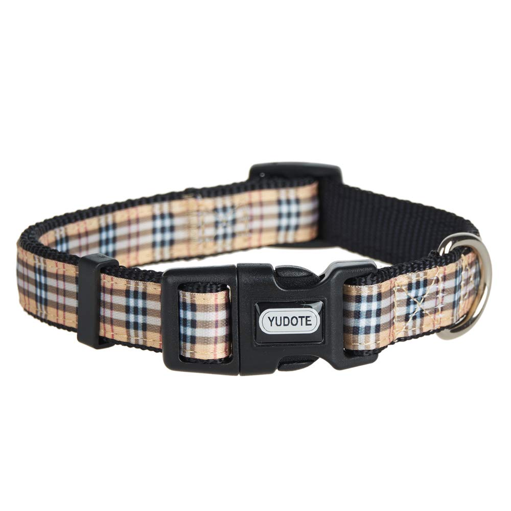 YUDOTE Adjustable Black Nylon Dog Collars Small with Tartan Plaid Begie Ribbon for Puppies Little Dogs Neck 25-38cm S (Pack of 1) - PawsPlanet Australia