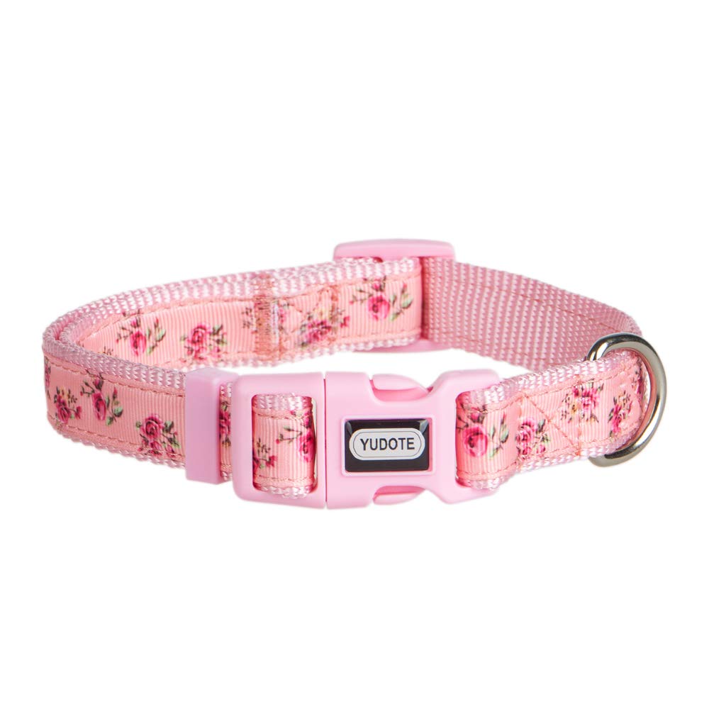 YUDOTE Adjustable Pink Nylon Dog Collar Small with Floral Patterned Ribbon for Puppies Active Female Dogs Neck 25-38cm S (Pack of 1) Floral Pink - PawsPlanet Australia