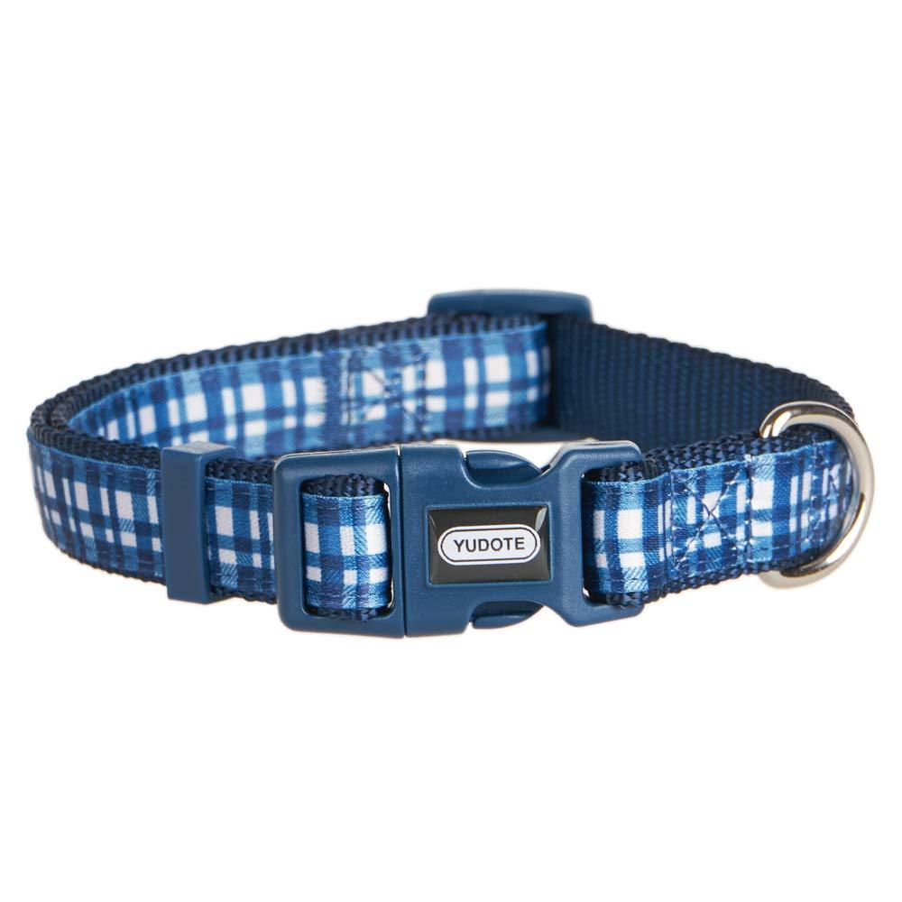 YUDOTE Adjustable Dark Blue Nylon Dog Collars Small with Tartan Plaid Ribbon for Puppies Male Dogs Neck 25-38cm S:25-38cm Neck,1.5cm Width - PawsPlanet Australia