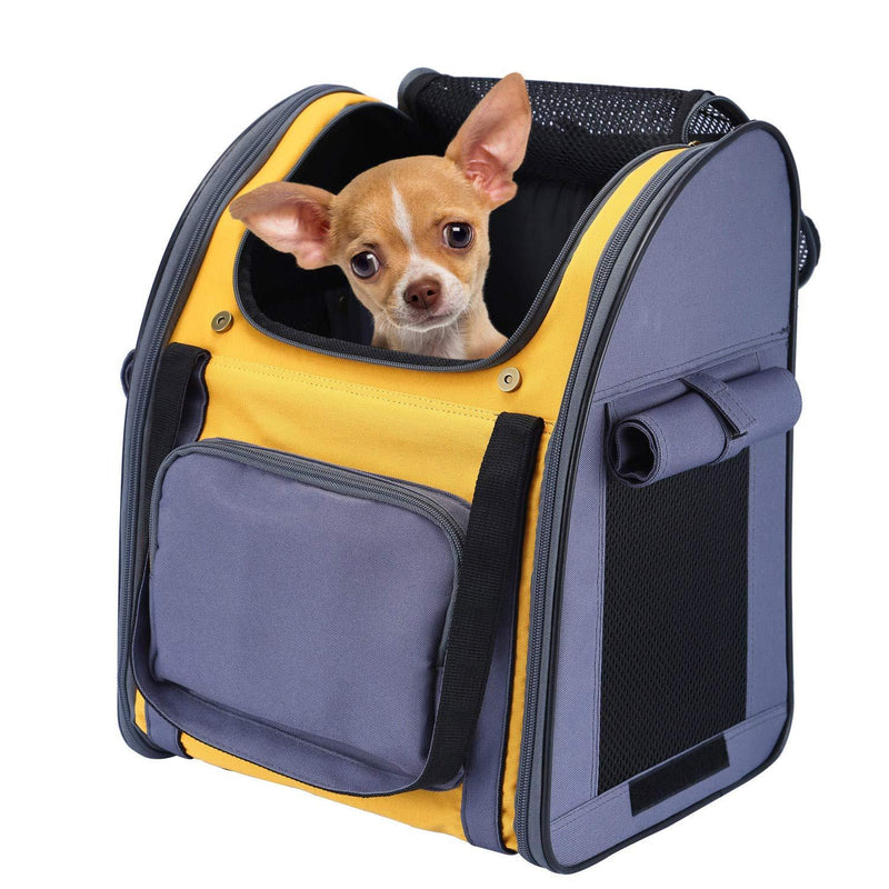 PETTOM Pet Backpack Carrier for Dogs Cats Puppies Bunny, Pet Carry Bag with Ventilated Design, Sun-proof Curtains, Two-Sided Entry, Head Window, Removable Fleece Mat for Outdoor Travel Hiking 36 * 26 * 40 CM Yellow - PawsPlanet Australia