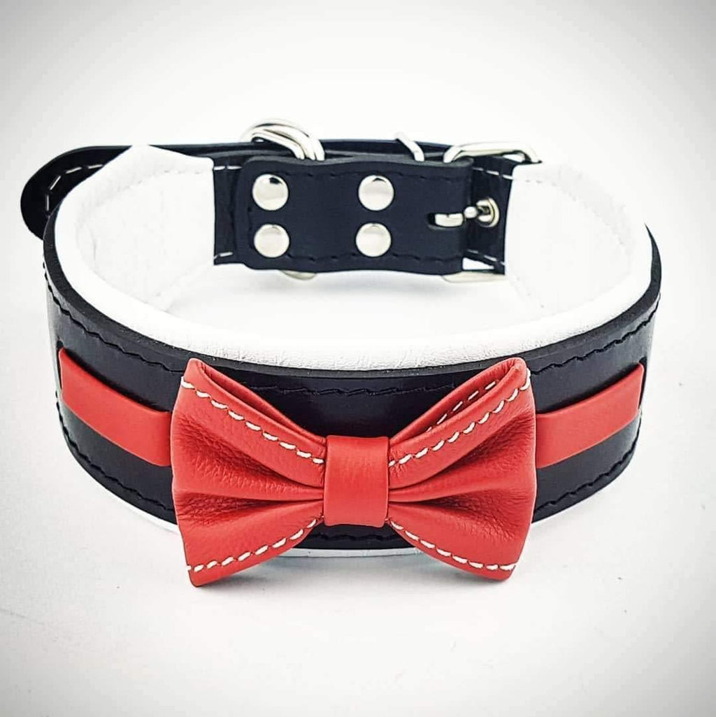 Bestia "Bowtie genuine leather dog collar. Studded. Soft padded Size M- fits a neck of 16.7- 19.7 inch - PawsPlanet Australia