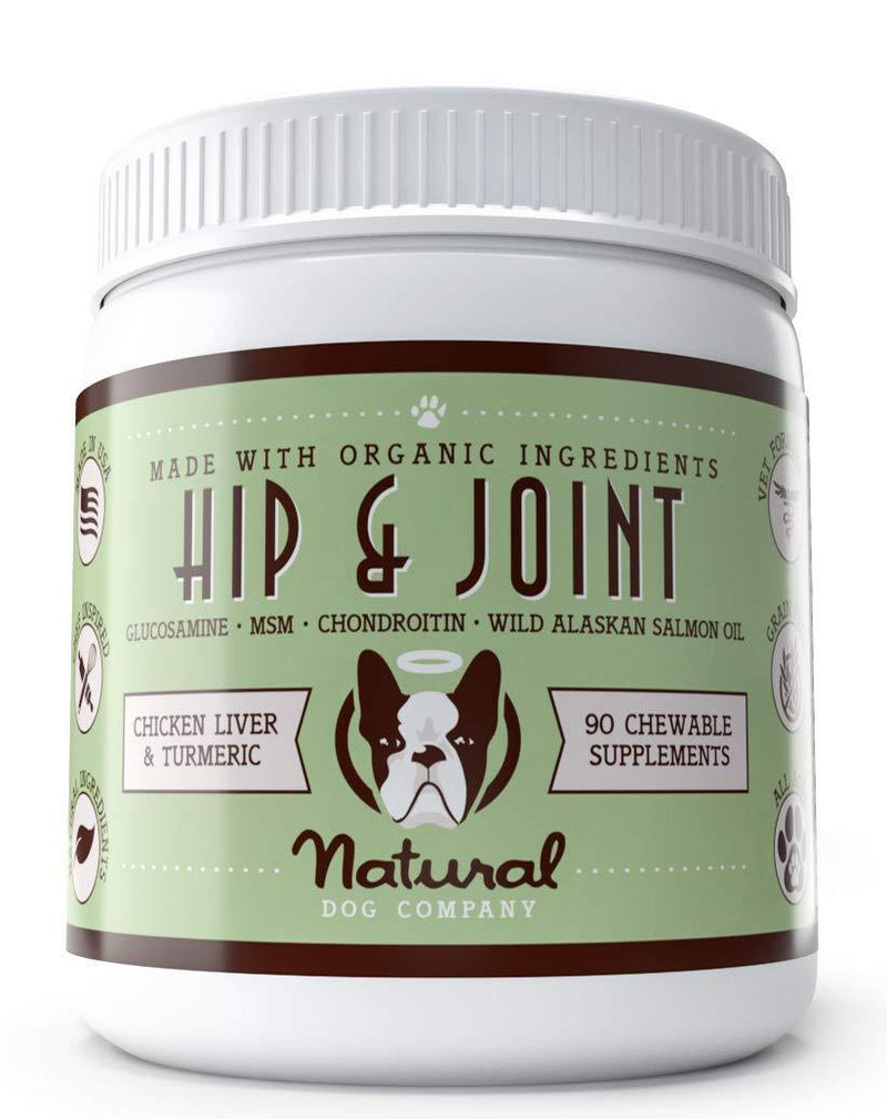 Natural Dog Company - Hip & Joint Supplement with Glucosamine, Chondroitin and Salmon Oil, Promotes Mobility and Joint Pain, Chicken Liver & Turmeric Flavor, 90 Chews - PawsPlanet Australia