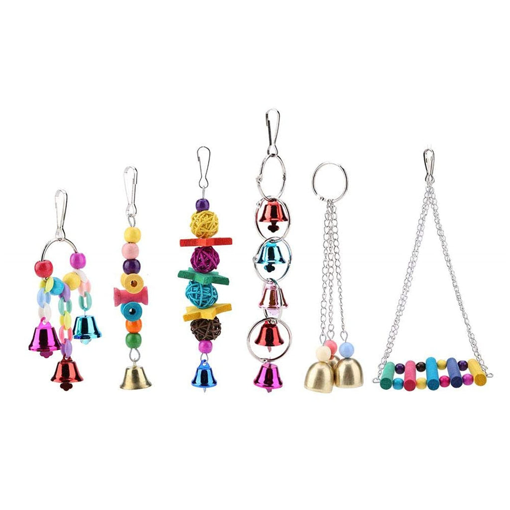 TOPINCN Bird Swing Toy Colorful Wooden & Metal Bells Parrot Cage Hanging Swing Toys Decoration Pet Supplies 6Pcs/Set - PawsPlanet Australia