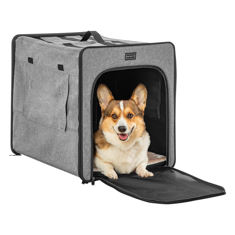 Petsfit Dog Crate Large, Portable Dog Travel Crate, Lightweight Fabric Dog Crate with Three Sides Mesh Window and Food Pocket for Medium and Large Dogs, Light Grey M:60cm x 45cm x 53cm - PawsPlanet Australia