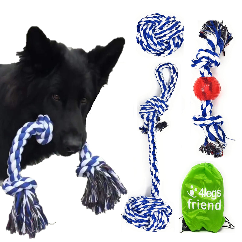 4LegsFriend Rope Toys for Large Dogs & Puppies 4-Pack – Natural Cotton Rubber Tug-of-War Toy Set – Tough Dog Toys for Aggressive Chewers Improve Dental Hygiene – Machine-Washable Dog Rope Toy Ropes - PawsPlanet Australia