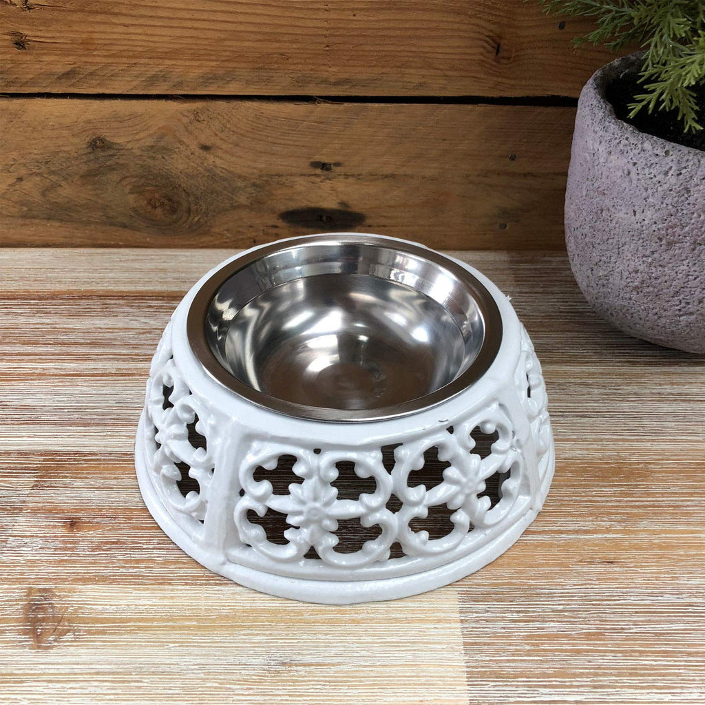 Darthome Ltd Stainless Steel Bowl & White Cast Iron Raised Dog Cat Food Water Feeding Dish C - PawsPlanet Australia