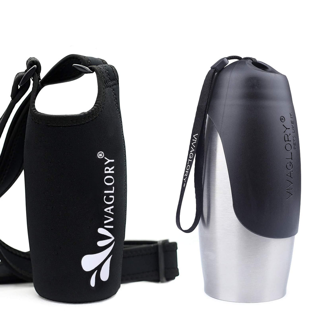VIVAGLORY 750ml Leak proof Dog Water Bottle with Black Neoprene Bottle Holder for Walking and Hiking 750 ml (Pack of 1) Stainless Steel + Black Carrier - PawsPlanet Australia