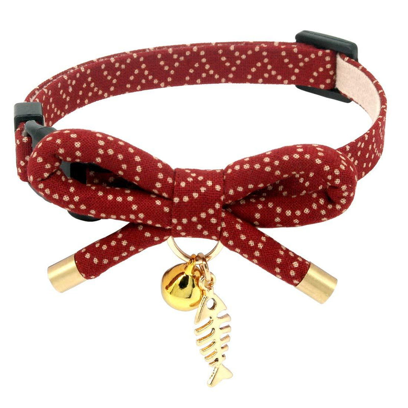 PetSoKoo Cute Bowtie Cat Collar with Bell. Japanese Stylish Bowknot & Fish Charm. Safety Breakaway, Soft, Lightweight, for Girl Boy Male Female Cats Kitten Small (6-9.5 Inches,16-24cm) Apple Red - PawsPlanet Australia