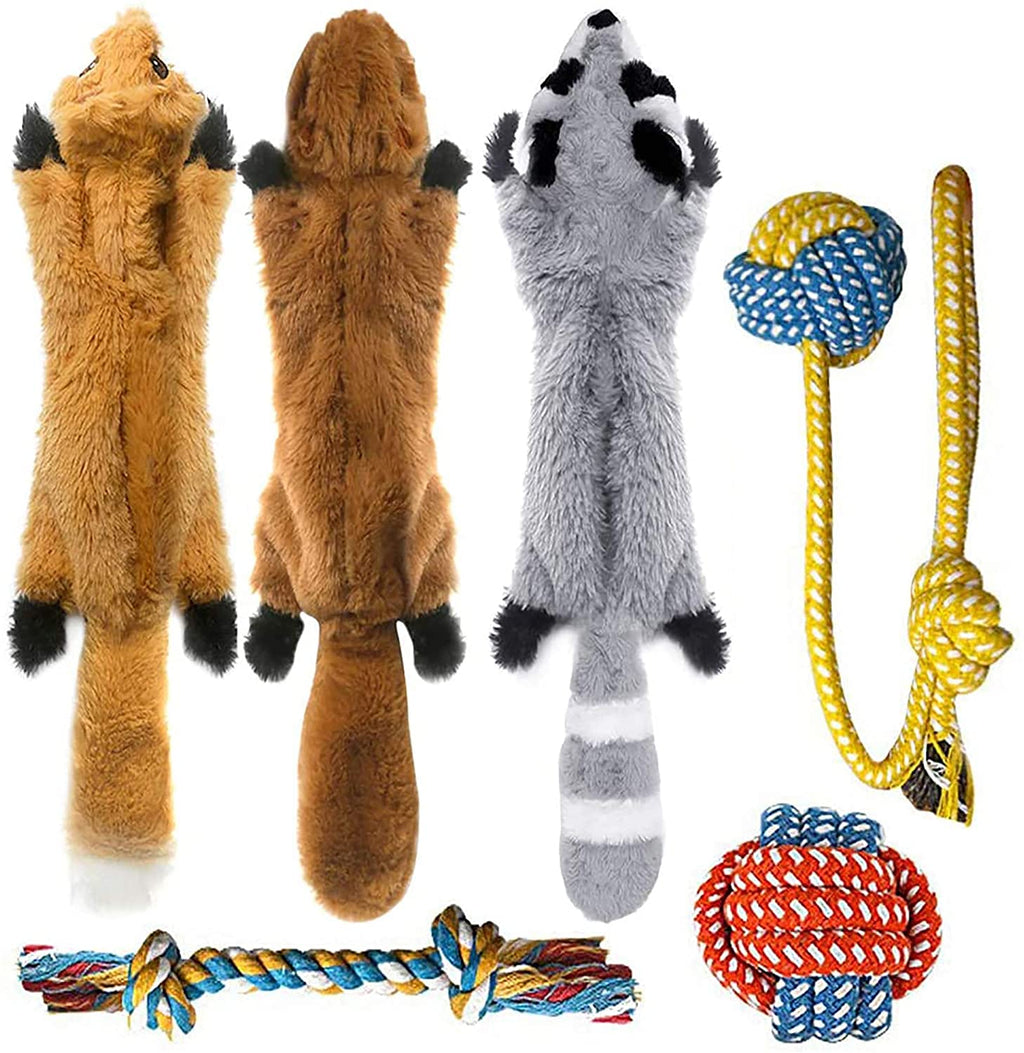 Peteast -3 Squeaky Toys and 3 Rope Dog Toys, No Stuffing Squeaky Plush Fox Raccoon Squirrel, Puppy Chew Teething Rope Toys Set for S/M/L Dogs Pets Animals - PawsPlanet Australia