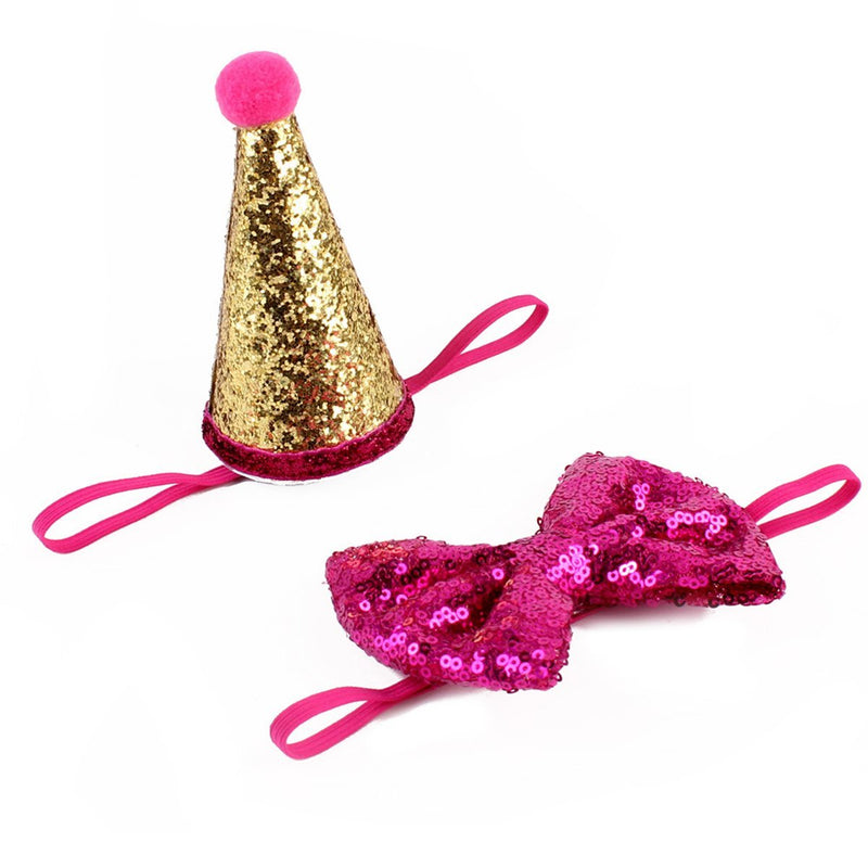 Dog Birthday Cone Hat and Bow Tie Collar Sequin Set, Mini Doggy Cat Kitty Birthday Party Decoration Headwear Hair Accessories Pet Headband + Bowknot (Rose Red) Rose Red - PawsPlanet Australia