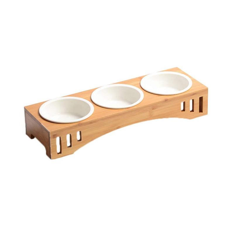 POPETPOP Solid Wood Pet Dining Table Bowl Pet Wooden Tilted Feeders Dog cat Anti-slip Three Bowl Cat Dish with Slope Stand(Heighten,Three Bowls) - PawsPlanet Australia
