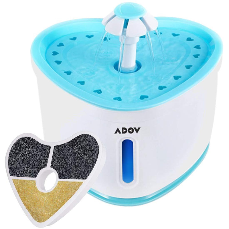 ADOV Cat Water Fountain, 2.4L Automatic Electric Flower Style Dispenser with LED Water Level Window Replaceable Filter, Super Quiet Healthy and Hygienic Heart Shape Pet Drinking Bowl for Kitten, Dogs Blue - PawsPlanet Australia