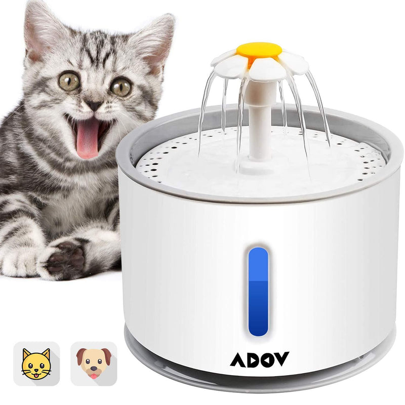 ADOV Cat Water Fountain, 2.4L Automatic Electric Flower Style Dispenser with LED Water Level Window and Replaceable Filter, Ultra Quiet Healthy and Hygienic Pet Drinking Bowl for Kitten, Dogs – Grey - PawsPlanet Australia