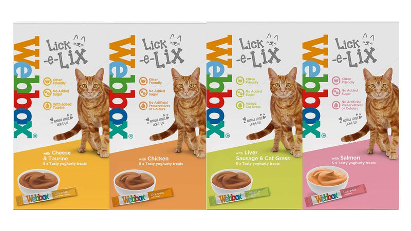 Webbox Lick-e-lix Cat Food Yoghurt Variety Pack (1 x Salmon 1 x Chicken 1 x Liver Sausage 1 x Cheese & Taurine) - PawsPlanet Australia