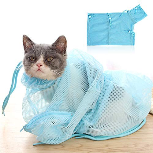 LHKJ Pet Cat Mesh Bag, Grooming Washing Bath Bag, Mesh Bag For Shower, Cleaning Ear, Medicine Feeding,Scratch-Resistant Bag, Fixed Bag Cat Bath Bag (Blue Bag) - PawsPlanet Australia